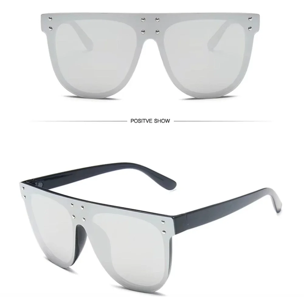Flat Top Shield Sunglasses Silver Mirrored Lens Studded Accents Oversized Shades
